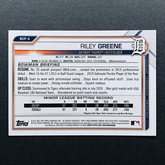Riley Greene PRC - 2021 Bowman Chrome Sapphire Prospects #BCP-4 - Picture 2 of 2
